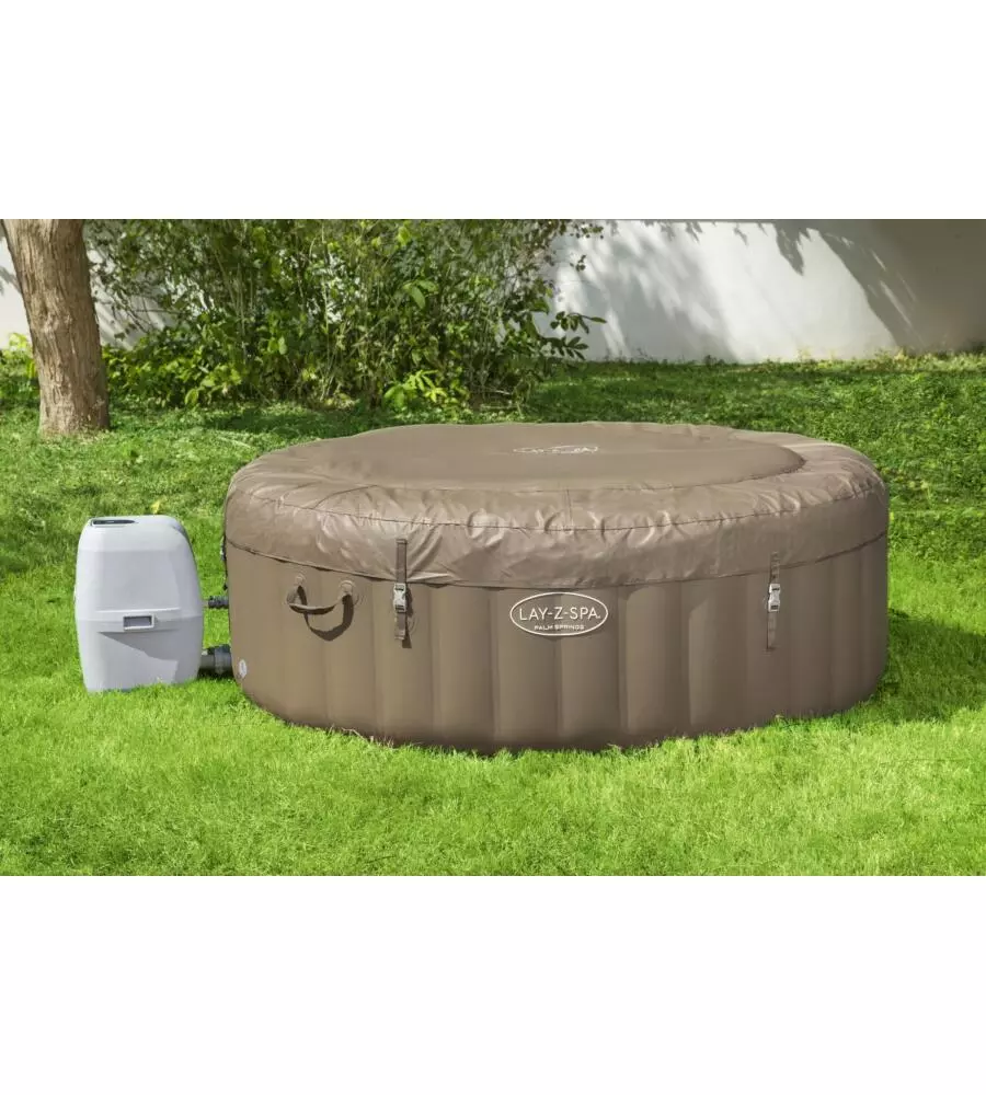 Piscina idromassaggio gonfiabile bestway "lay-z-spa palm spring" 4/6 persone 196x196x71 cm con copertura, 2 cartucce, dvd, manometro pressione e flottatore chimico  - cod. 60017